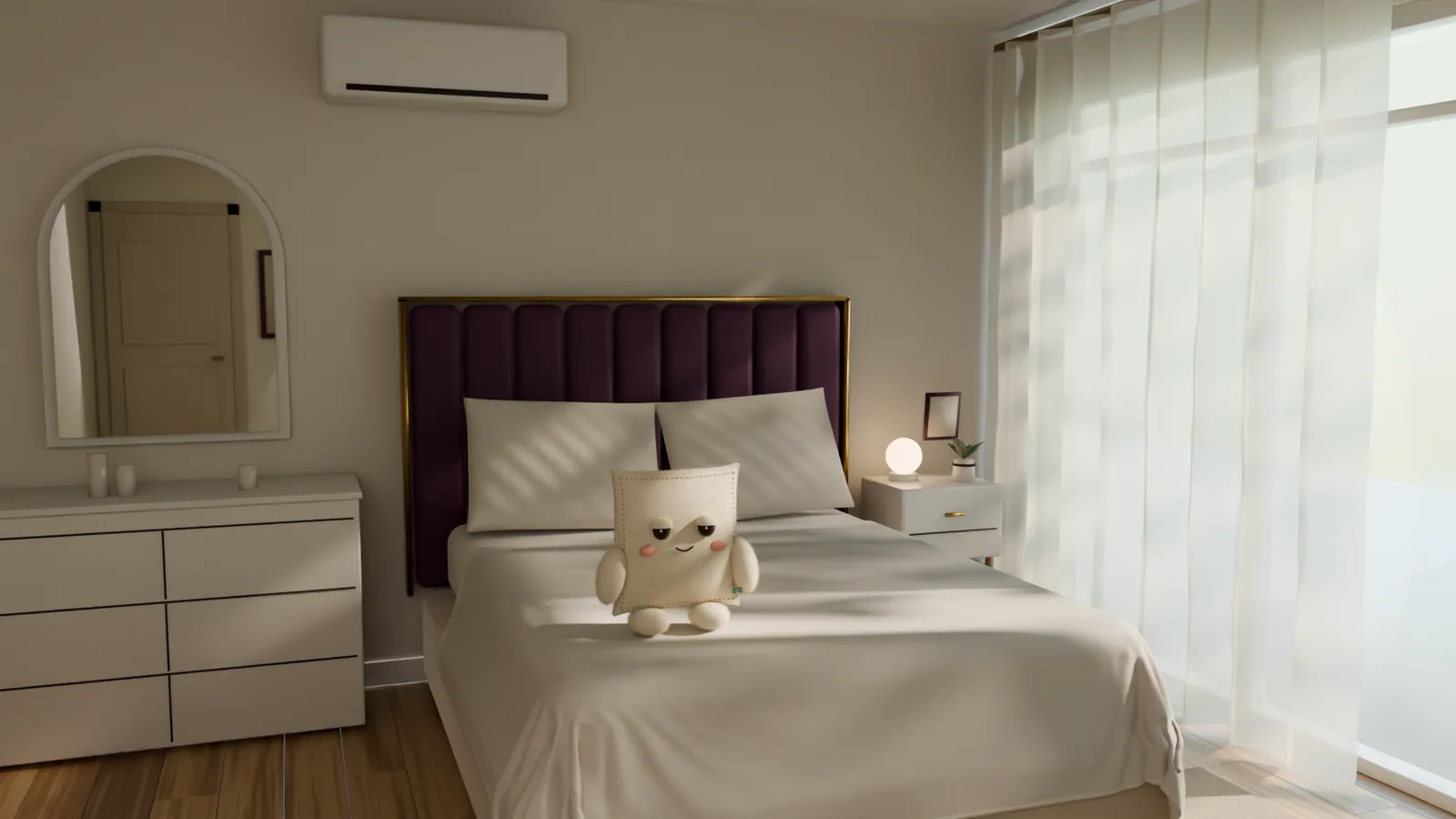 A bedroom in late-afternoon light: ivory bedding, a plum velvet headboard and the Soft Chapters pillow sitting on the bed.