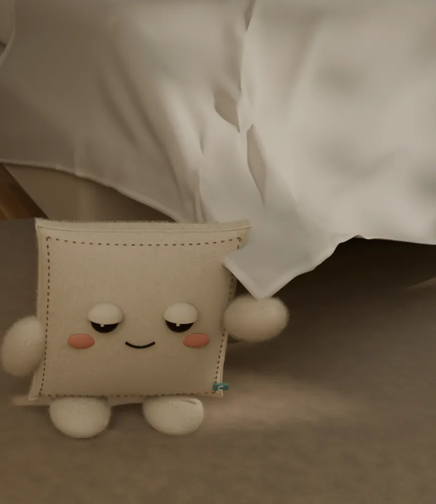 The Soft Chapters pillow on a rug, holding the corner of an ivory sheet it has tugged from the bed.